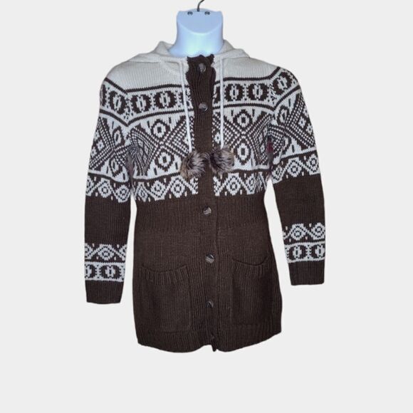 CHANEL IMAN x H&M brown fair isle nordic button up hooded cardigan sweater S - Picture 3 of 12